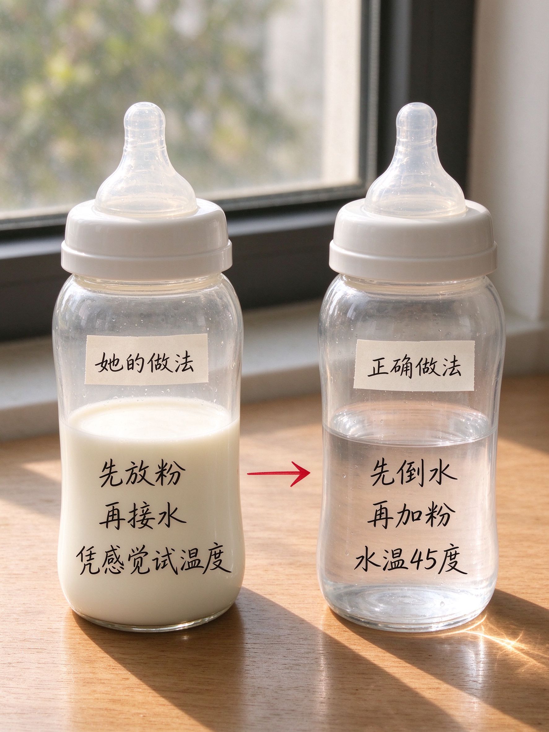 月嫂冲奶粉对比：先放水再放粉不结块、水温40度左右、冲完排气，错一步宝宝胀气